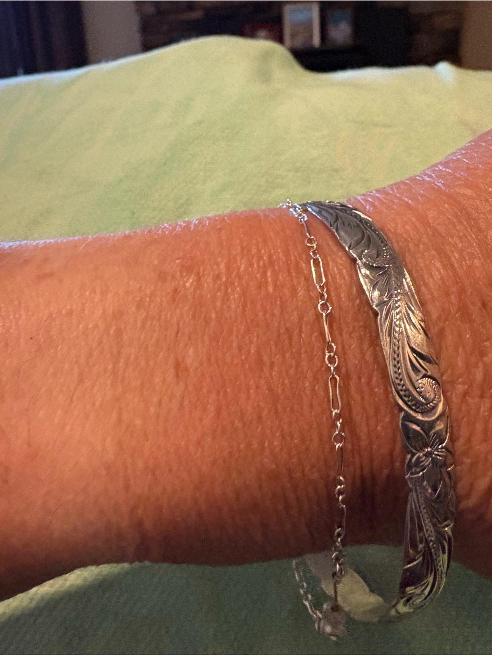Hawaiian plumeria and scroll etched  Sterling Silver Bangle Bracelet - Silver